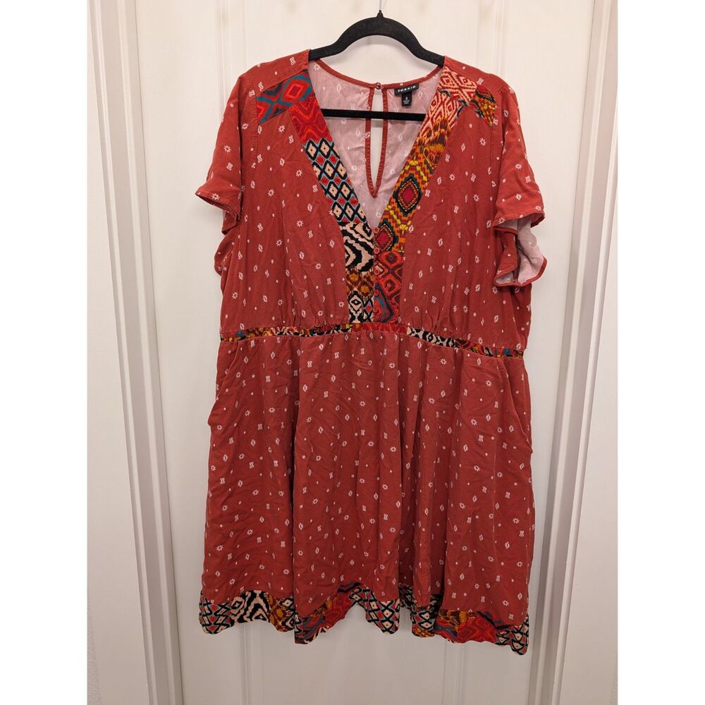 Torrid Red Boho Print Challis V-Neck Short Sleeve Dress Size 3 Plus Size